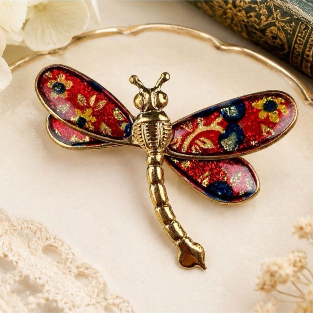 Vintage Red Glitter Dragonfly Brooch Gold Tone Floral Enamel Inlay Pin Colorful